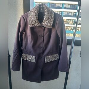 Colleen Lopez Faux Wool Coat with Bead Detail - Brown, Size Large, NEW